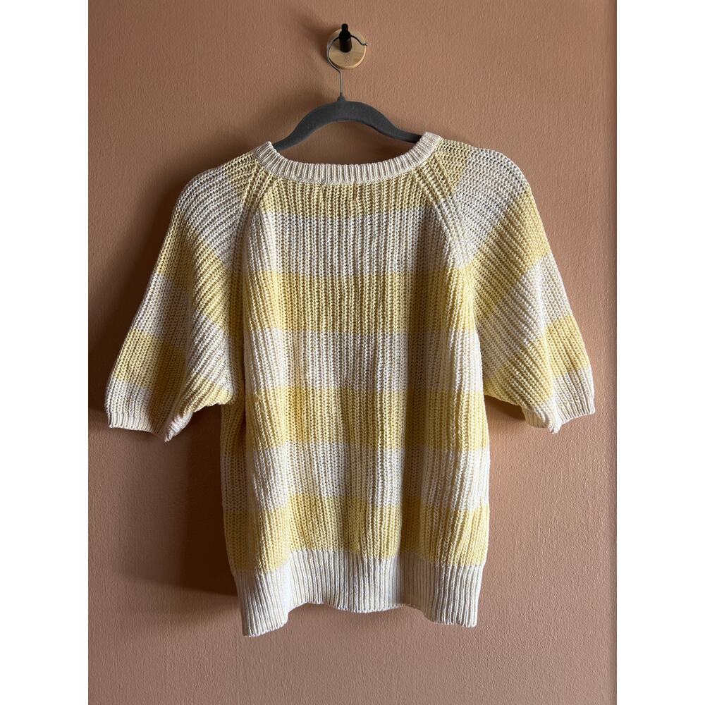 Picket and Post L Yellow White Striped Knit Sweater Short Sleeve Ramie Cotton